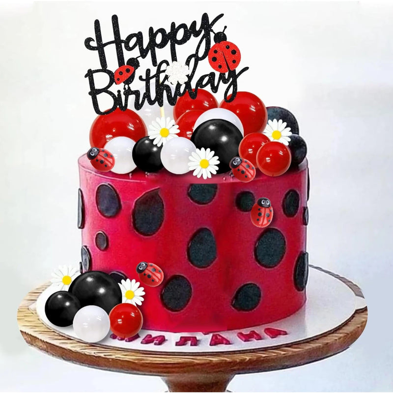 Topo de Bolo Ladybug com Balões e Margaridas - Festa