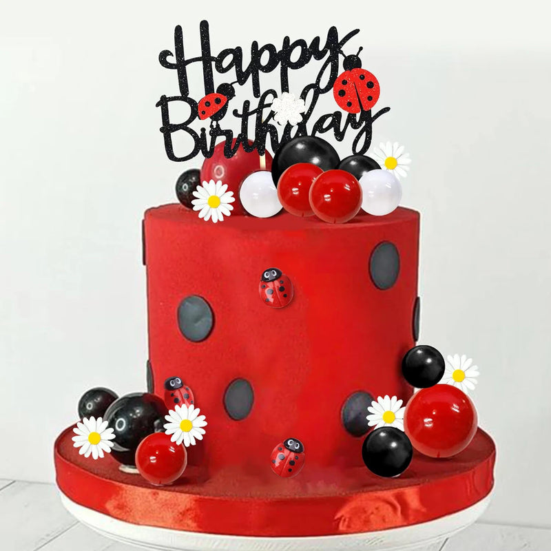 Topo de Bolo Ladybug com Balões e Margaridas - Festa