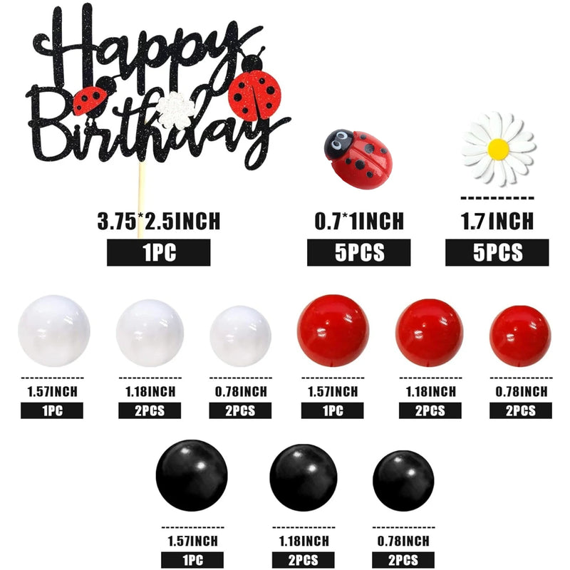 Topo de Bolo Ladybug com Balões e Margaridas - Festa